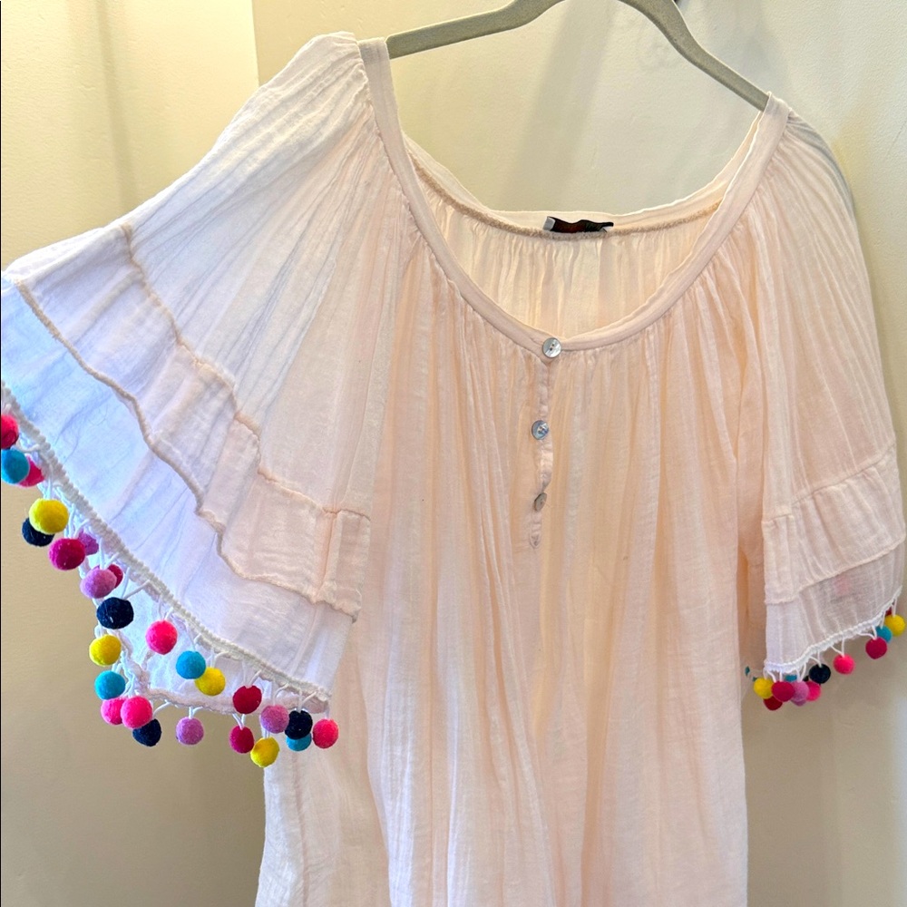 Women's Cream mini dress with Colorful Pom-Poms